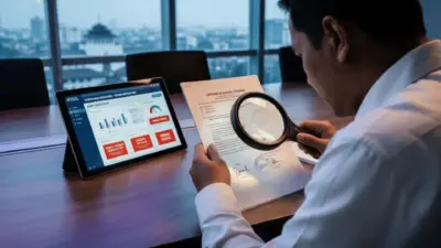 Auditor internal korporat sedang melakukan verifikasi dokumen laporan keuangan menggunakan kaca pembesar dan mencocokkannya dengan dashboard deteksi fraud di tablet.