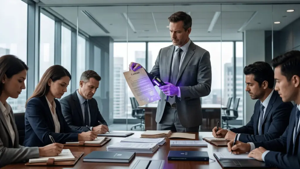 Instruktur Training Grafonomi sedang mengajarkan cara memvalidasi dokumen kontrak menggunakan pemindai lampu UV kepada tim HRD dan Auditor Internal di ruang rapat.