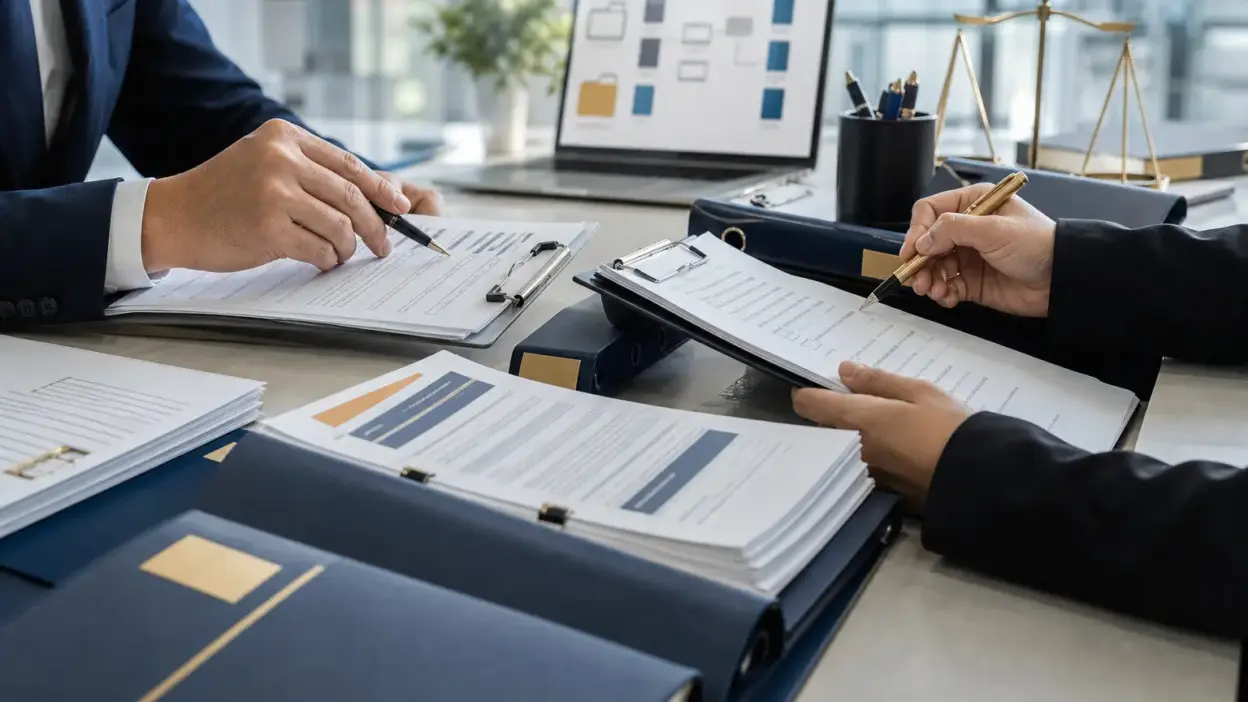 Meja auditor dengan dokumen regulasi hukum yang sedang diperiksa dalam proses audit dokumen