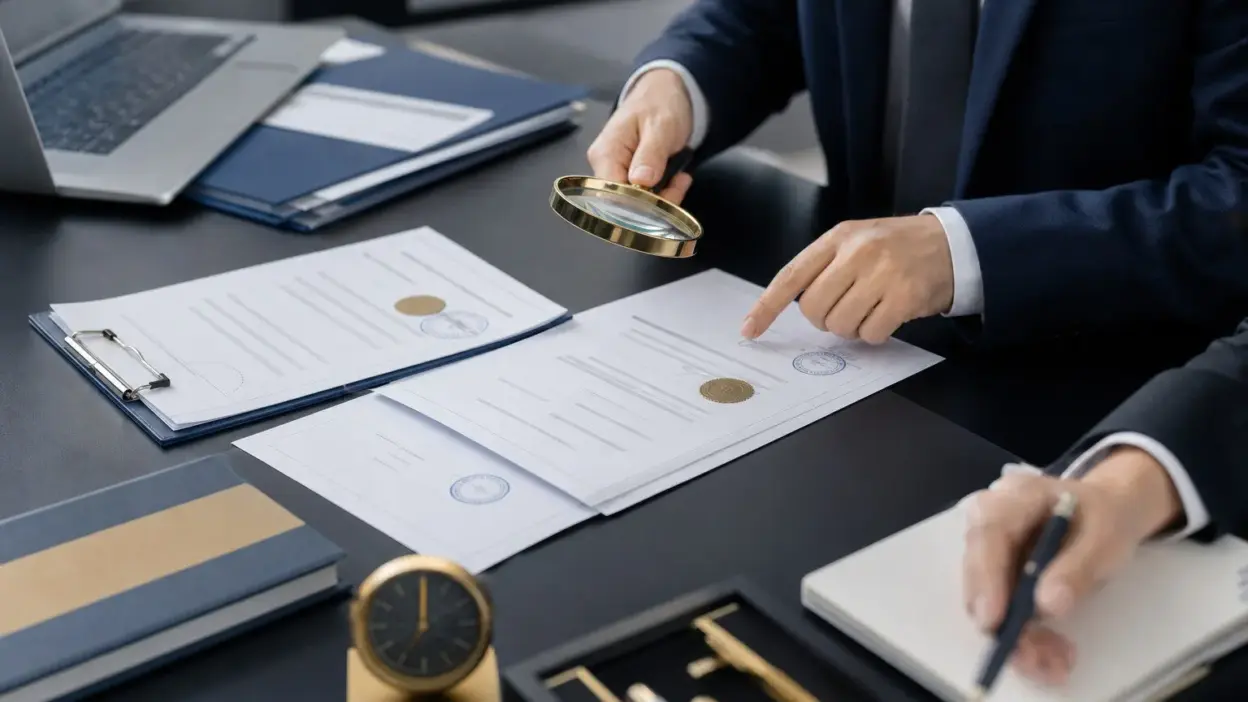 Tim legal korporat melakukan audit keaslian surat perjanjian di meja rapat modern