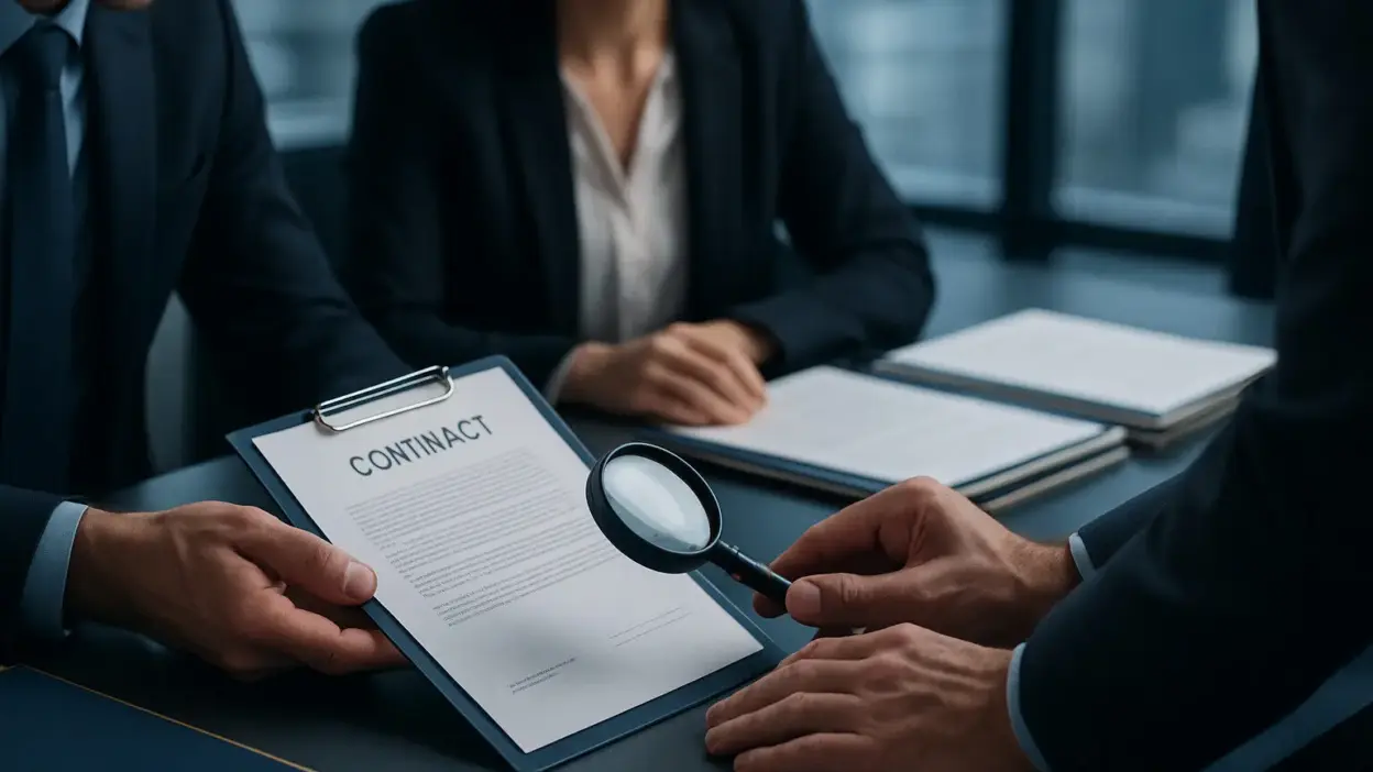 Tim legal korporat melakukan audit keaslian surat perjanjian di meja rapat modern