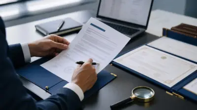 Meja audit dokumen dengan perjanjian kerja dan ijazah pejabat diperiksa secara profesional