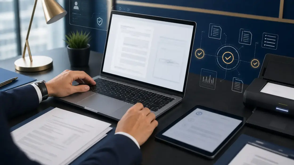 Meja kerja profesional yang menampilkan verifikasi dokumen digital melalui laptop dan dokumen pendukung