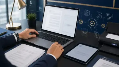 Meja kerja profesional yang menampilkan verifikasi dokumen digital melalui laptop dan dokumen pendukung