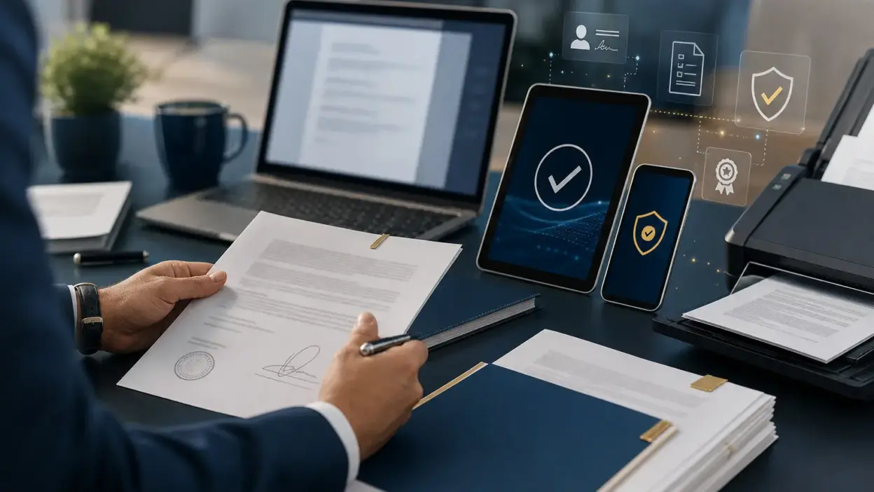 Suasana profesional verifikasi dokumen digital di platform privat dengan perangkat kerja korporat