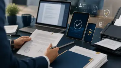 Suasana profesional verifikasi dokumen digital di platform privat dengan perangkat kerja korporat