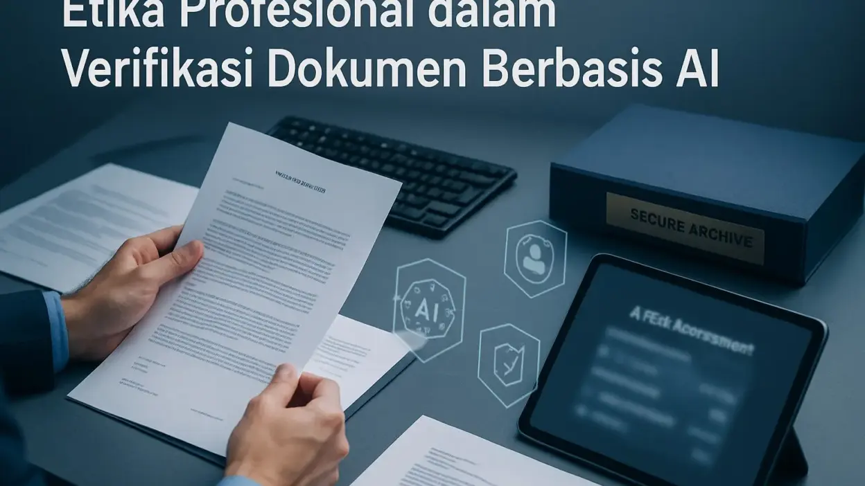Petugas memeriksa dokumen resmi dengan dukungan sistem AI di meja verifikasi korporat