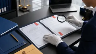 Profesional memeriksa dua dokumen korporat yang diduga dipalsukan di meja kantor secara etis dan sistematis