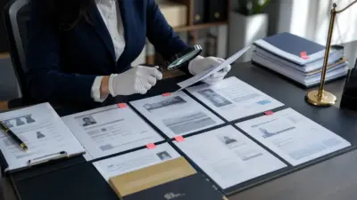 Petugas HR memeriksa dokumen kepegawaian untuk mendeteksi fraud dokumen di meja kerja profesional