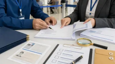 Petugas memeriksa dokumen asuransi pada program bantuan sosial di meja kerja verifikasi