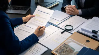Analis memeriksa dokumen asuransi dan kontrak pembiayaan kayu di meja kerja korporat
