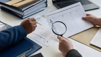 Petugas layanan sosial dan analis asuransi memeriksa dokumen asuransi untuk program bantuan publik di meja verifikasi dokumen