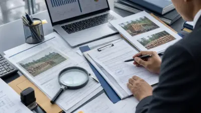 Petugas kepatuhan bank memeriksa dokumen pembiayaan kayu untuk audit dokumen yang ketat