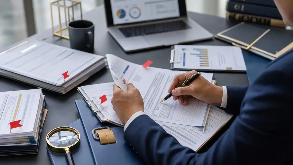 Petugas kepatuhan bank memeriksa dokumen kredit korporat di meja audit profesional