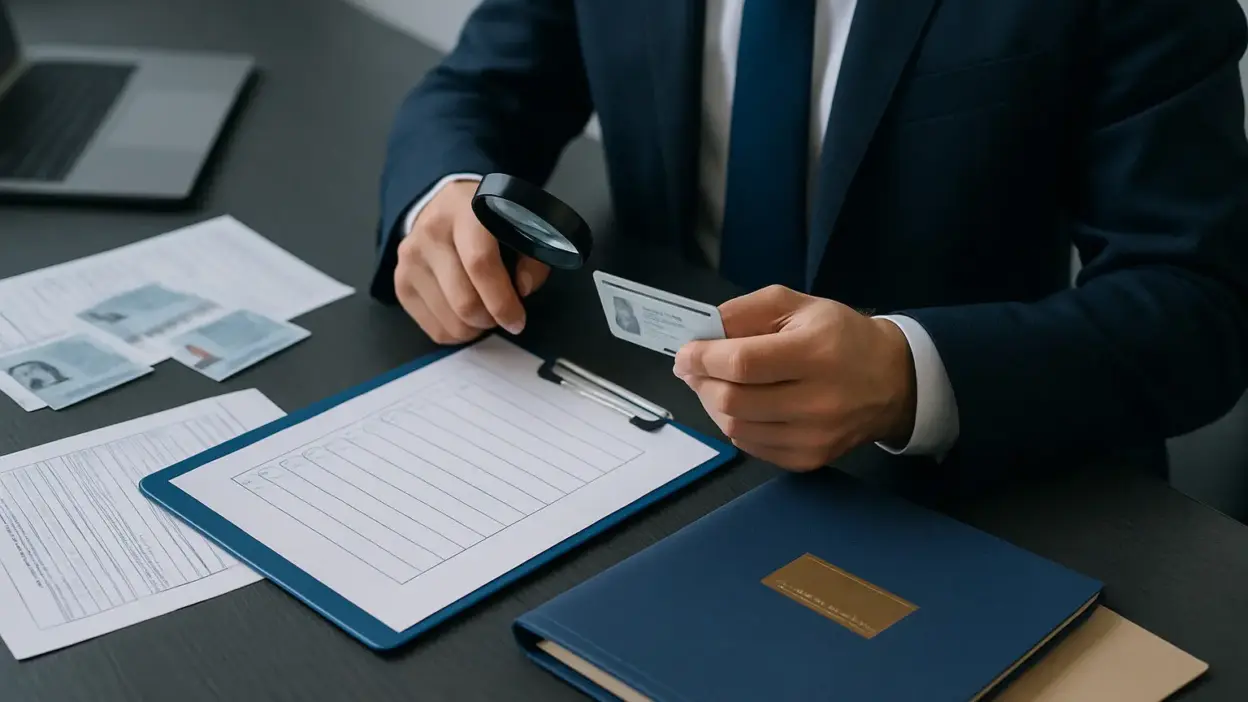 Petugas bank mengaudit dokumen identitas nasabah di meja kerja korporat modern