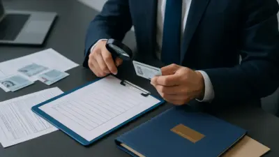 Petugas bank mengaudit dokumen identitas nasabah di meja kerja korporat modern