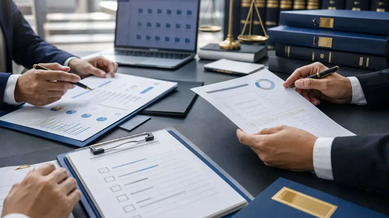Tim inspeksi meninjau regulasi dan verifikasi dokumen hukum di meja audit korporat