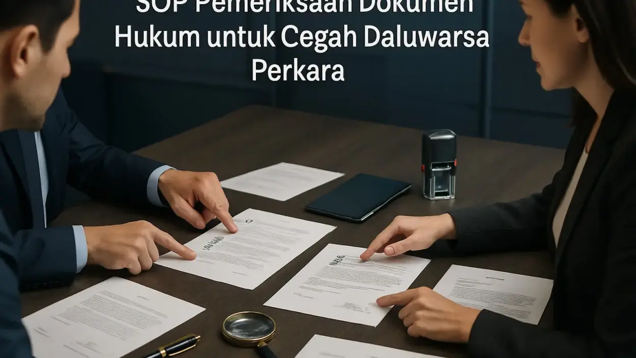 Meja audit korporat dengan tim legal meninjau SOP pemeriksaan dokumen hukum untuk mencegah daluwarsa perkara