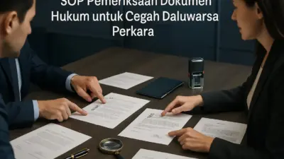 Meja audit korporat dengan tim legal meninjau SOP pemeriksaan dokumen hukum untuk mencegah daluwarsa perkara