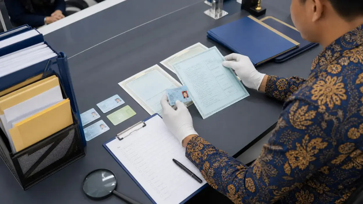 Petugas adminduk memeriksa dokumen hukum dengan SOP verifikasi berlapis di meja layanan