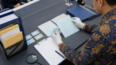 Petugas adminduk memeriksa dokumen hukum dengan SOP verifikasi berlapis di meja layanan
