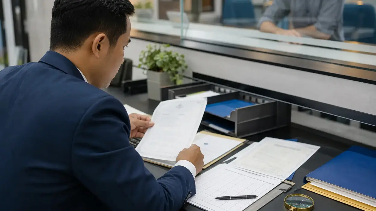 Petugas loket adminduk memeriksa dokumen hukum dengan SOP verifikasi yang sistematis
