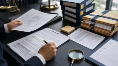 Meja audit korporat dengan pemeriksaan SOP dokumen hukum memperhatikan penanggalan dan chain of custody