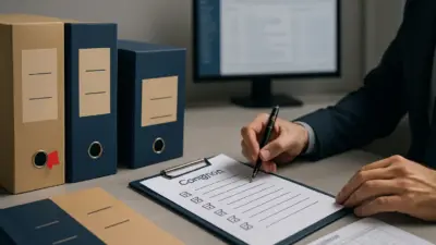 Petugas kejaksaan memeriksa berkas perkara di meja audit dengan SOP pemeriksaan dokumen hukum dan checklist arsip.