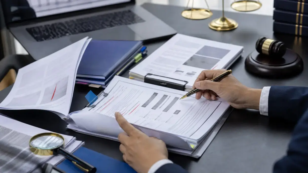 Petugas memeriksa berkas hukum dengan SOP pemeriksaan dokumen hukum pada meja audit modern