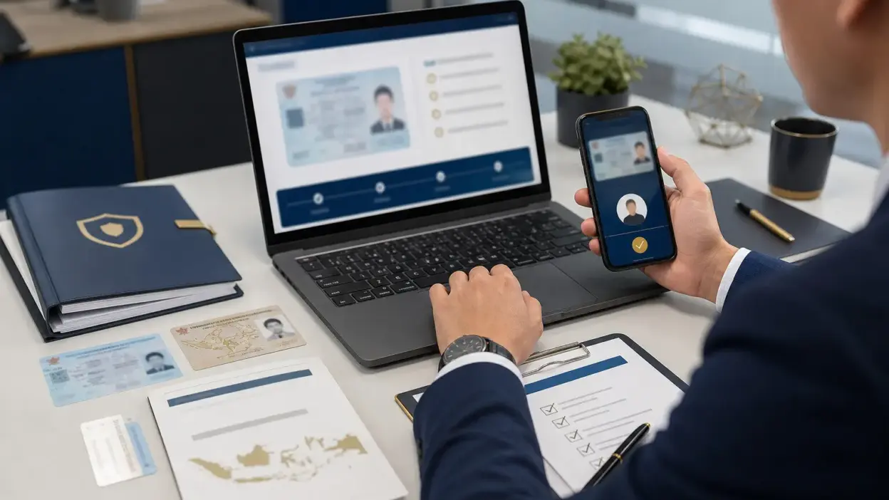 Petugas memeriksa dokumen kependudukan digital IKD di meja verifikasi modern