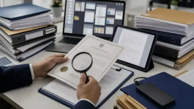 Meja kerja verifikasi dokumen resmi dengan tumpukan arsip digital dan petugas compliance memeriksa dokumen