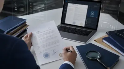 Petugas compliance memeriksa keaslian dokumen resmi digital di meja kerja korporat modern
