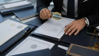 Ahli memeriksa keaslian dokumen resmi terkait sengketa aset keluarga dengan kaca pembesar di meja kerja modern